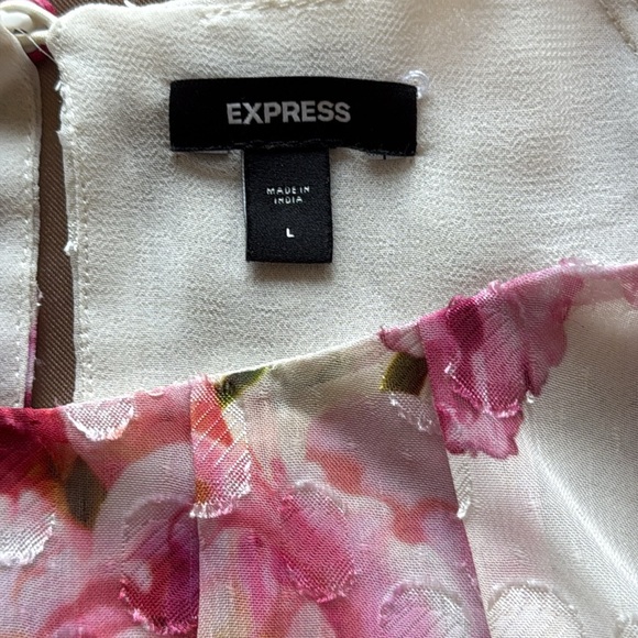 Express Pink Floral Gathered Neck Balloon Sleeve Top Clip Dot Lined Sz Large - Picture 9 of 13